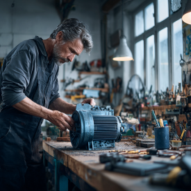 Hotový opravený elektromotor, elektromotor pripravený na odovzdanie zákazníkovi, technik stojí vedľa neho s pokojnou pózou, neu